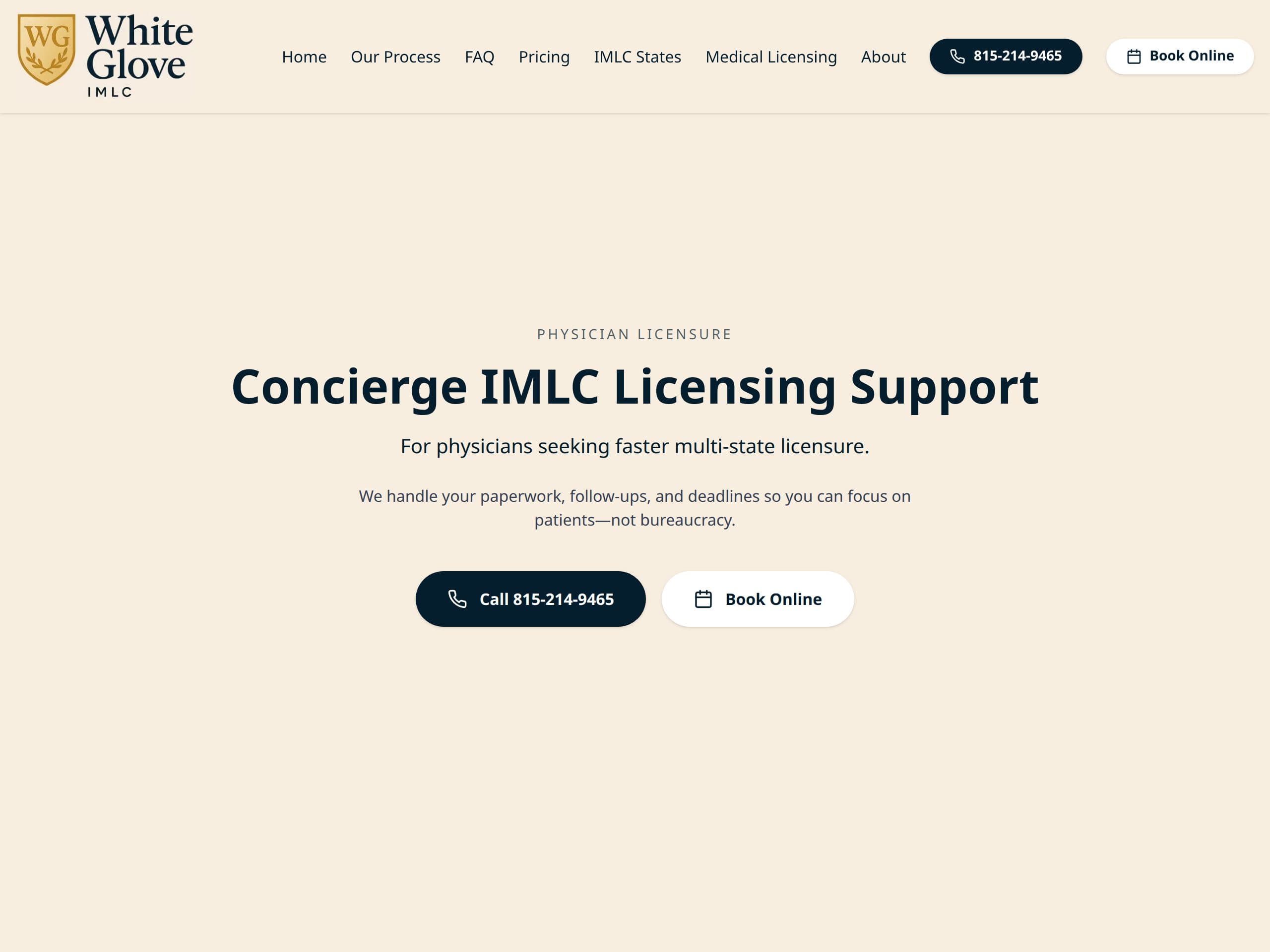 Screenshot of the White Glove IMLC homepage — a physician multi-state licensing service